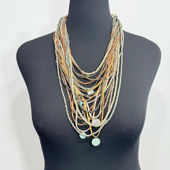 Chico's SERENA Brown Green Wood Bead Leather Multi Strand Boho Charm Necklace - Picture 3 of 16